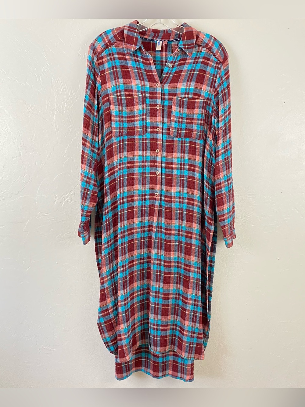 Anthropologie Pilcro XS Teal & Red Plaid Print Button Down Long Tunic Slit Top